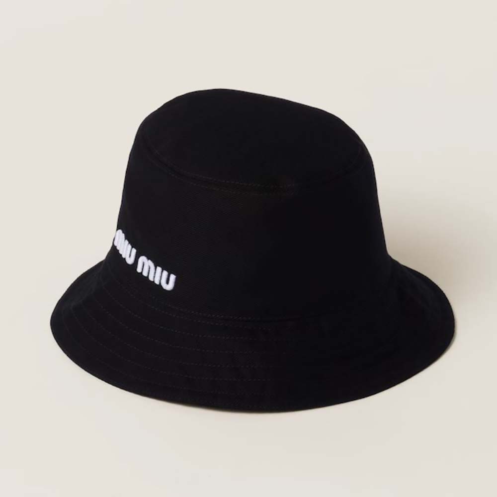 Front view of Miu Miu Women Drill Bucket Hat with Embroidered Logo-Black showing logo detail