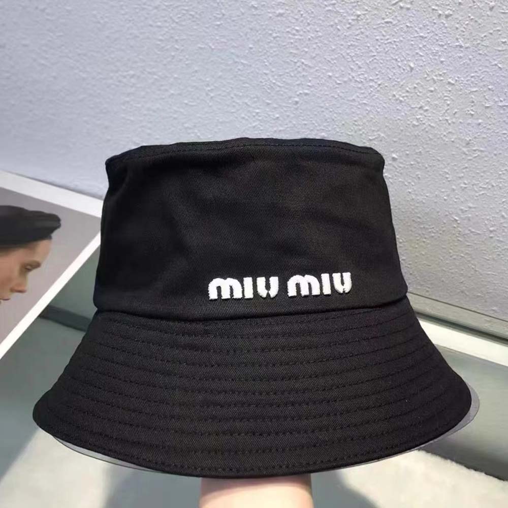 Miu Miu Women Drill Bucket Hat with Embroidered Logo-Black - image 4