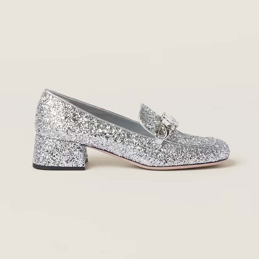 Side view of Miu Miu Women Glitter Fabric Loafers with Fabric Logo Label in silver