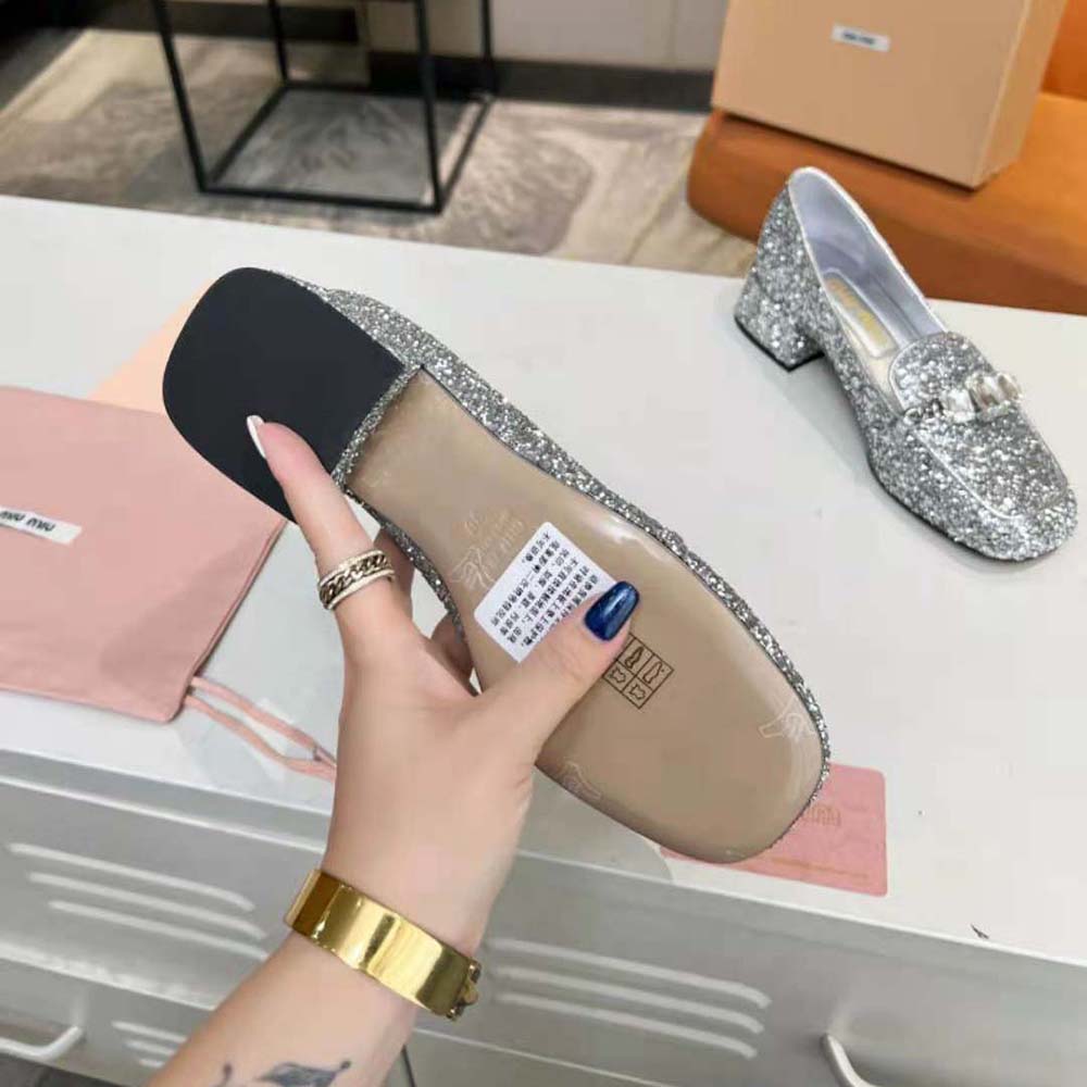 Miu Miu Women Glitter Fabric Loafers with Fabric Logo Label - image 10