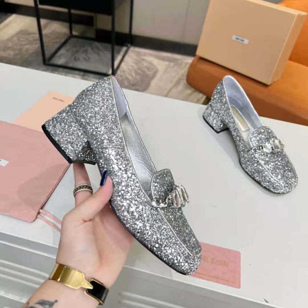 Miu Miu Women Glitter Fabric Loafers with Fabric Logo Label - image 5