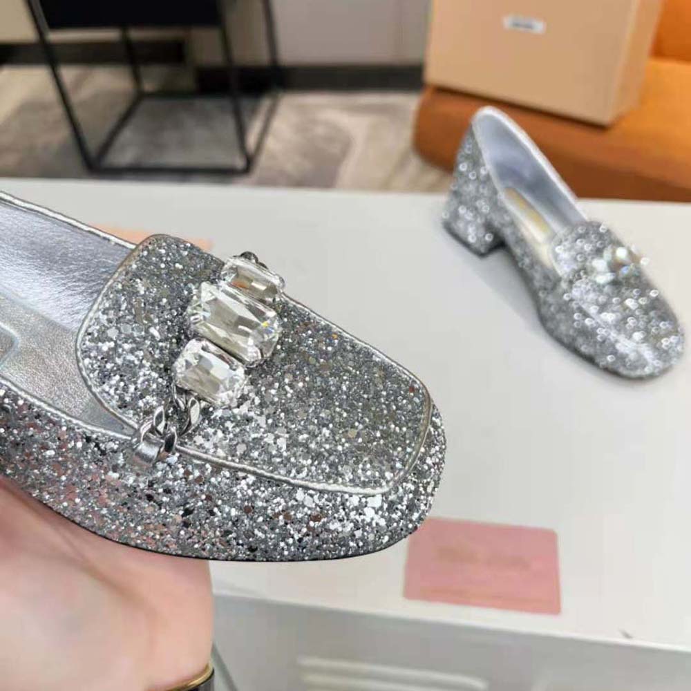 Miu Miu Women Glitter Fabric Loafers with Fabric Logo Label - image 7