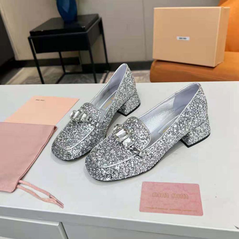 Miu Miu Women Glitter Fabric Loafers with Fabric Logo Label - image 4