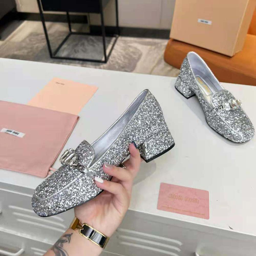 Miu Miu Women Glitter Fabric Loafers with Fabric Logo Label - image 6