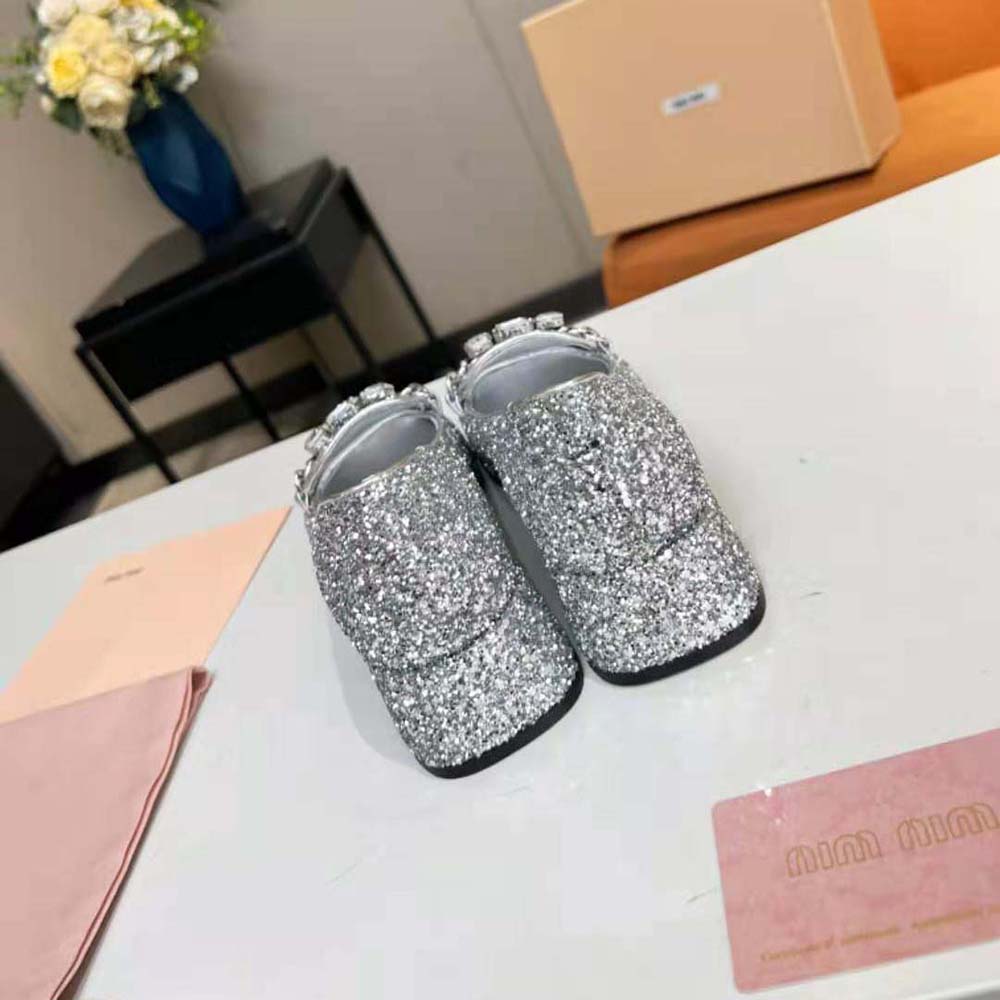 Miu Miu Women Glitter Fabric Loafers with Fabric Logo Label - image 9