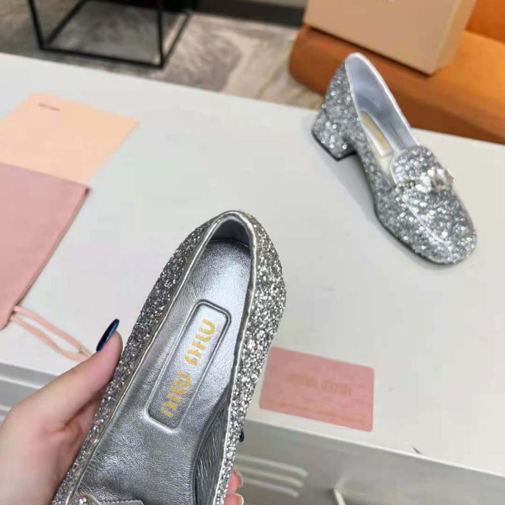 Miu Miu Women Glitter Fabric Loafers with Fabric Logo Label - image 8
