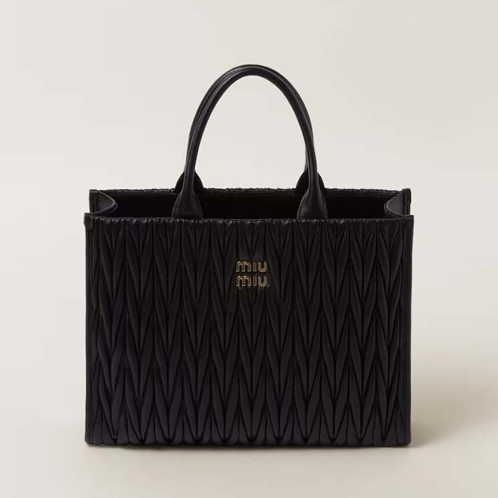 Front view of Miu Miu Women Matelassé Nappa Leather Tote-Black showing quilting