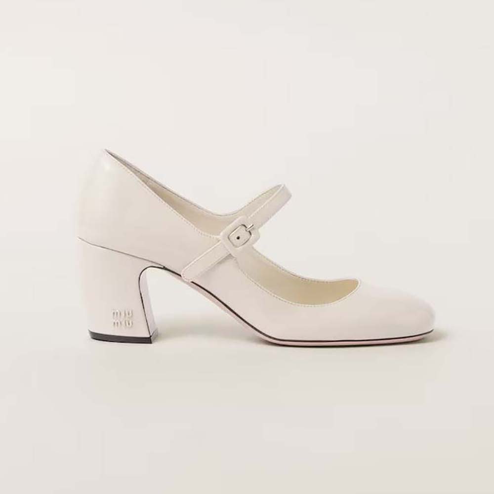 Side view of Miu Miu Women Patent Leather Pumps with Metal Lettering Logo-White