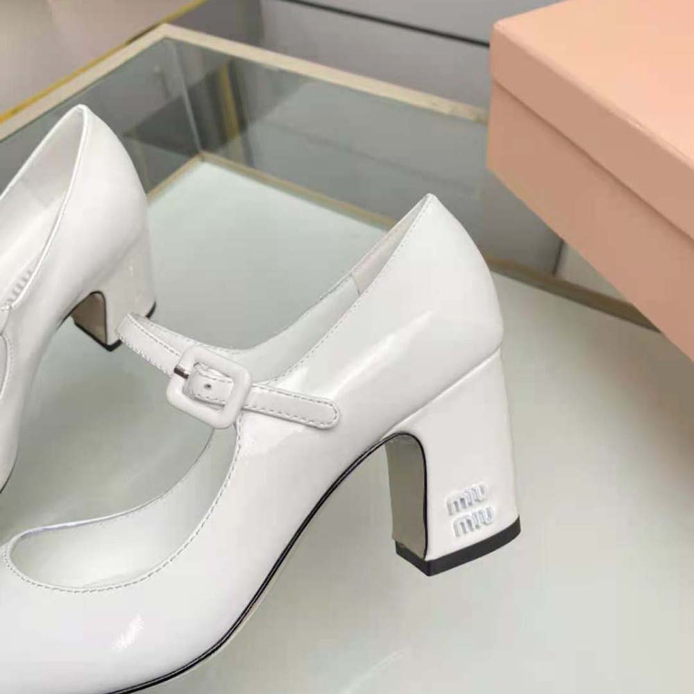 Miu Miu Women Patent Leather Pumps with Metal Lettering Logo-White - image 9