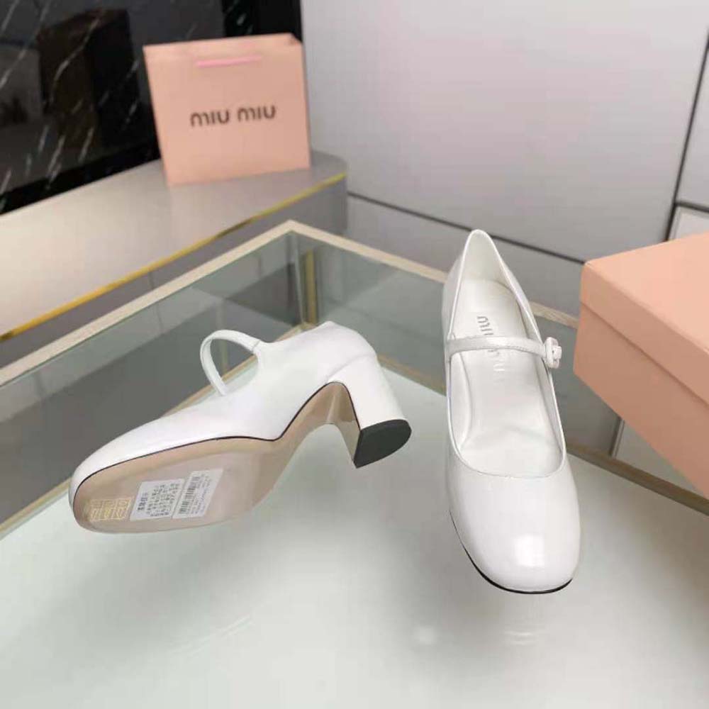 Miu Miu Women Patent Leather Pumps with Metal Lettering Logo-White - image 10