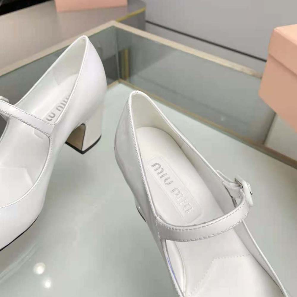 Miu Miu Women Patent Leather Pumps with Metal Lettering Logo-White - image 8