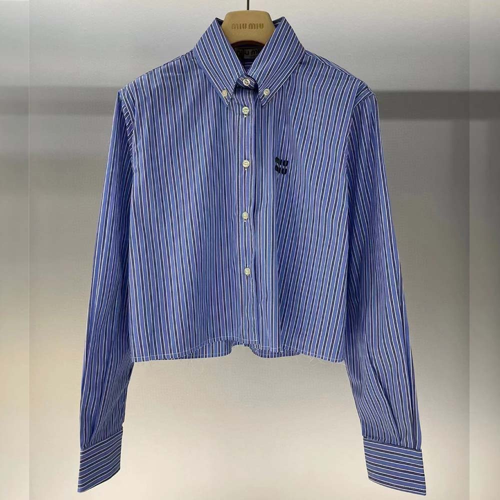 Side angle showing button-down closure on Miu Miu Women Poplin Shirt