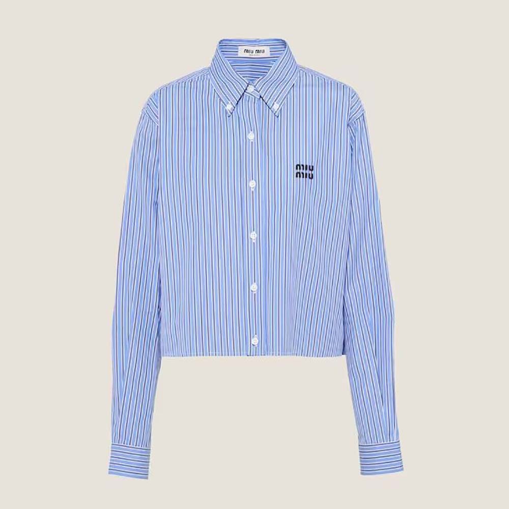 Front view of Miu Miu Women Poplin Shirt with Embroidered Logo in blue