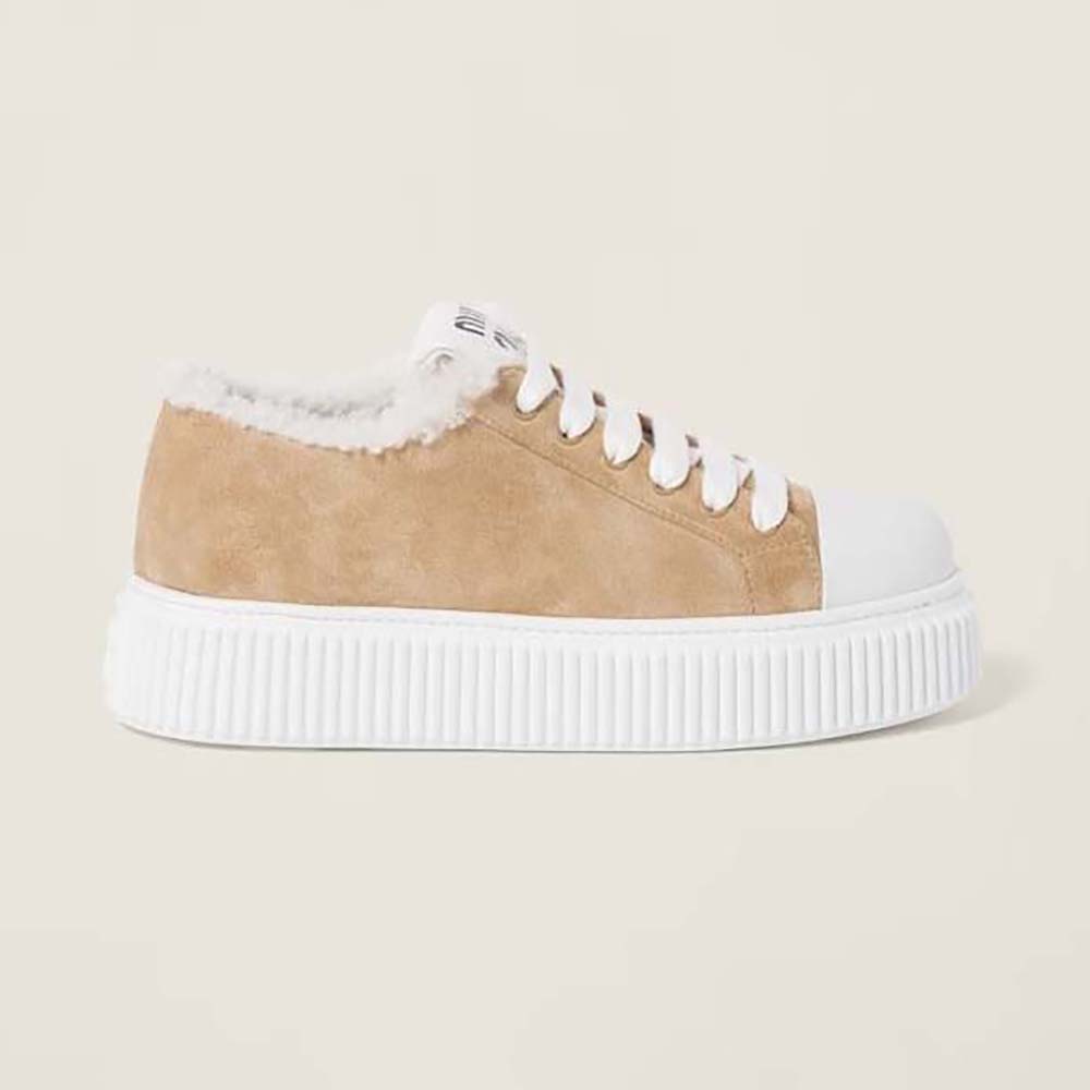 Side angle of Miu Miu Women Suede Sneakers EVA Sole with Logo in beige