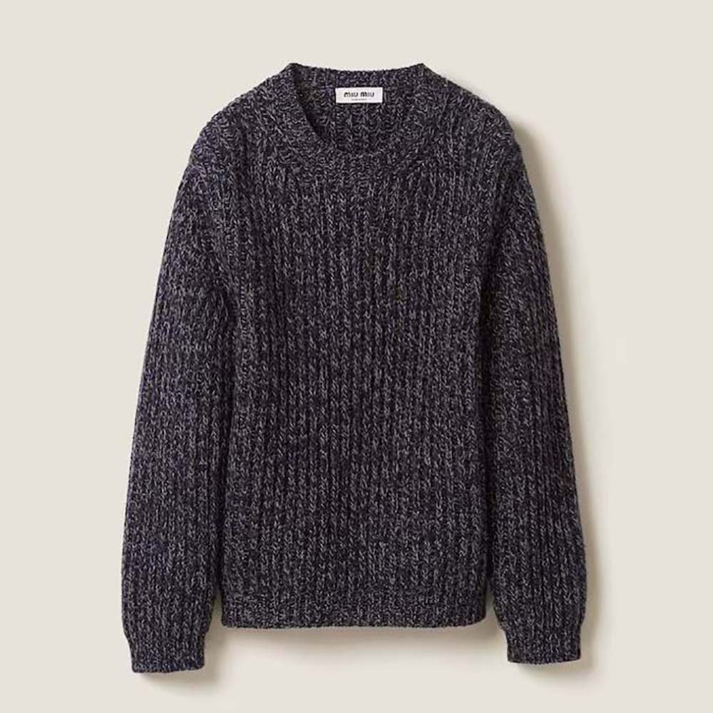 Front view of Miu Miu Women Wool Sweater with Knit Logo Patch-Blue in bright lighting