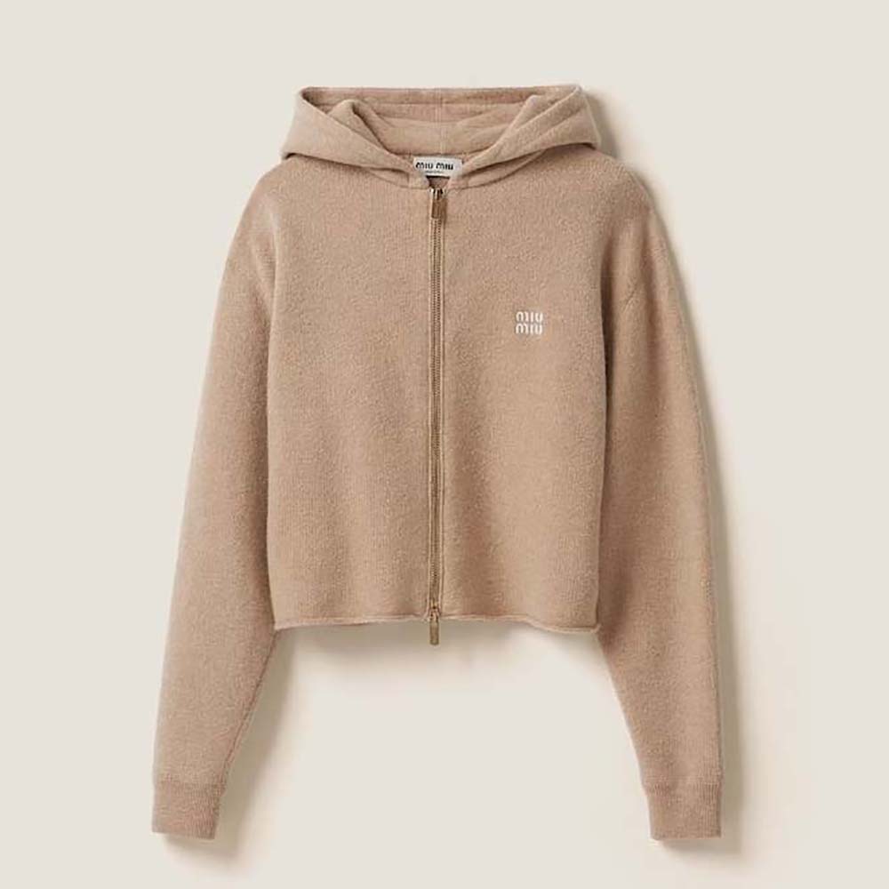 Front view of Miu Miu Women Wool and Cashmere Hoodie Jacket in brown