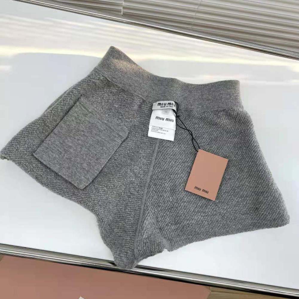 Close-up of Miu Miu metal hardware on silver wool shorts