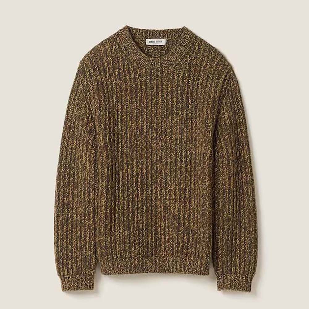 Front view of Miu Miu Women Wool and Cashmere Sweater with Knit Logo Patch-Green