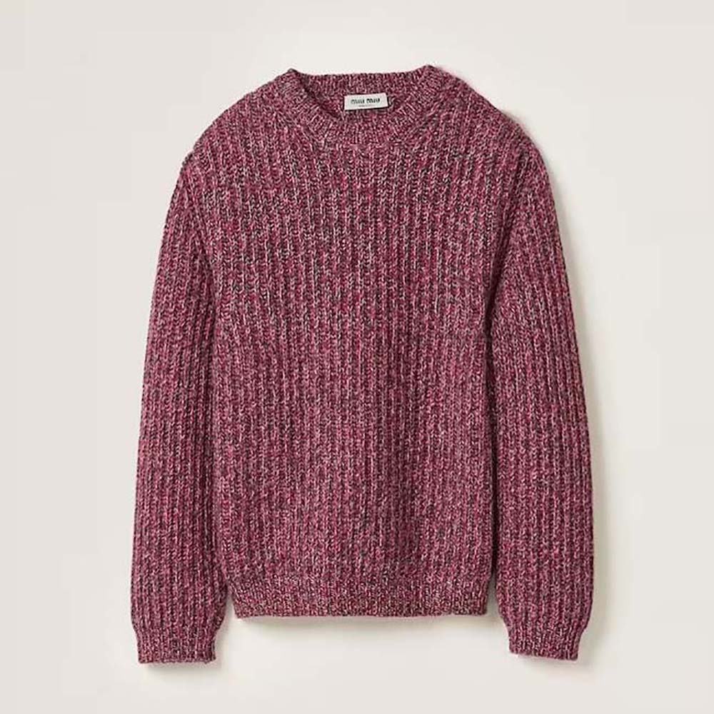 Front view of Miu Miu Women Wool and Cashmere Sweater with Knit Logo Patch-Pink