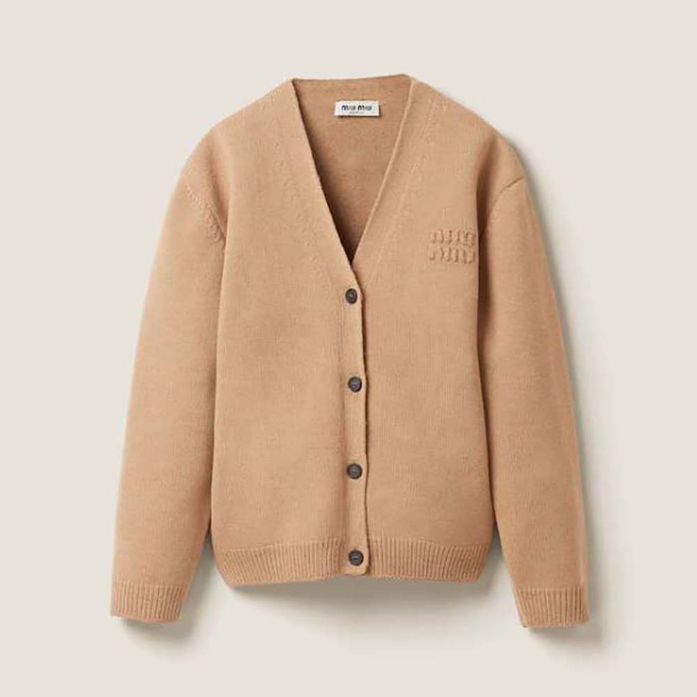 Front view of Miu Miu Women Wool and Nylon Knit Cardigan-Beige on mannequin