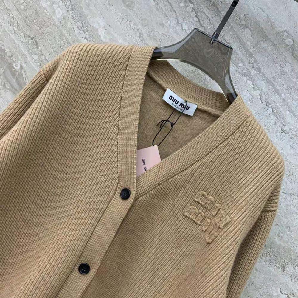 Miu Miu Women Wool and Nylon Knit Cardigan-Beige - image 4