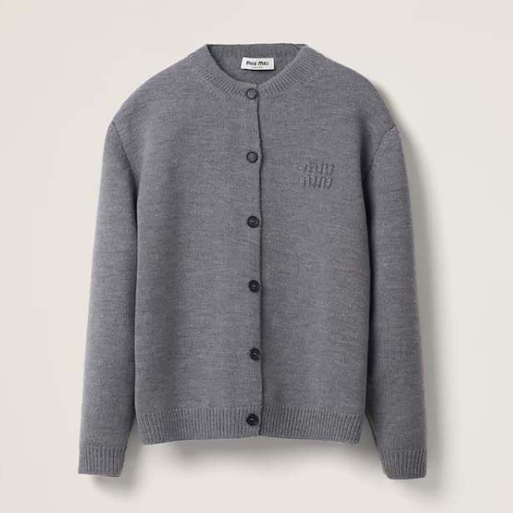 Front view of Miu Miu Women Wool and Nylon Knit Cardigan-Silver on mannequin