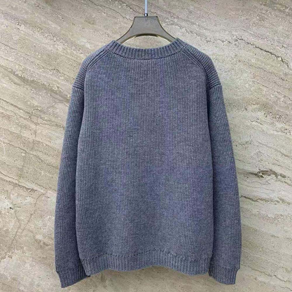 Side angle showing fit and silver knit fabric of Miu Miu Women Wool and Nylon Knit Cardigan-Silver