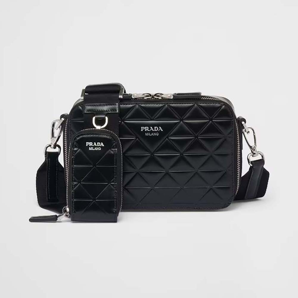 Front view of Prada Men Brique Brushed Leather Bag with Triangle Motif-Black