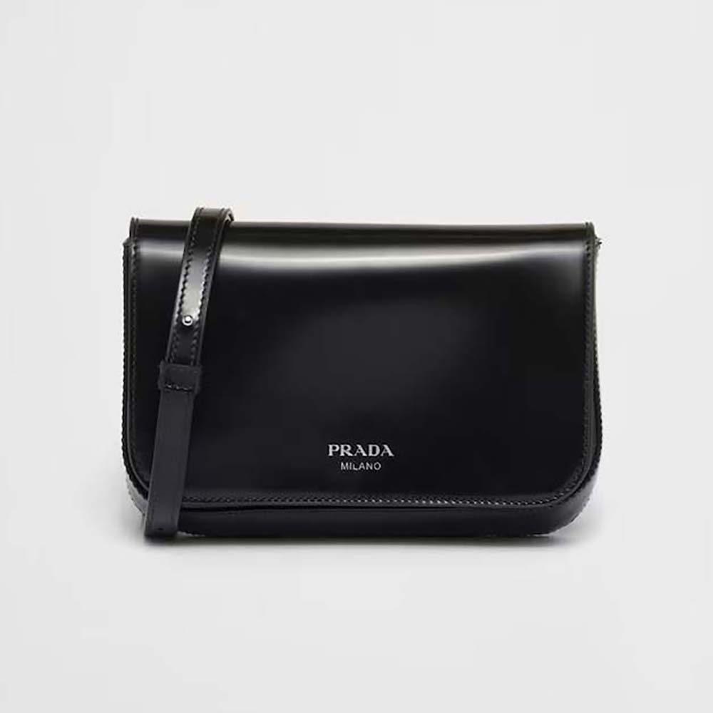 Front view of Prada Men Brushed Leather Mini-bag with Shoulder Strap-Black