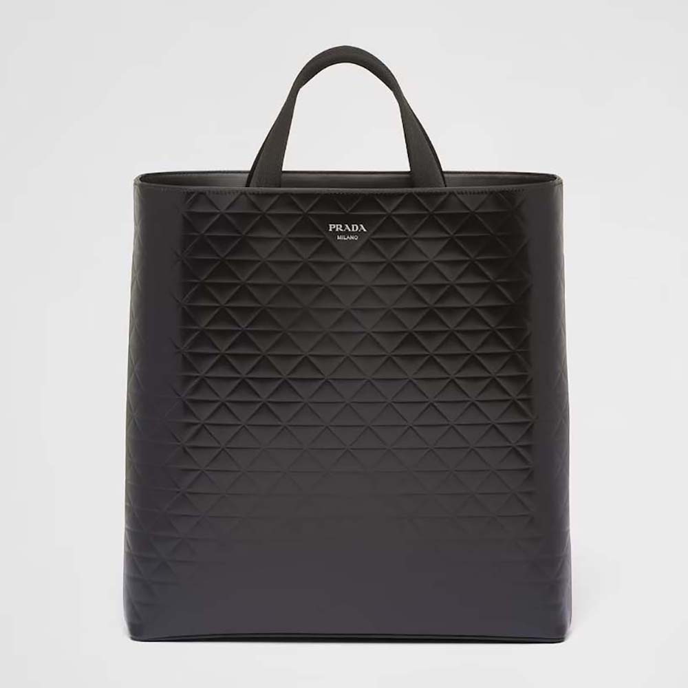 Front view of Prada Men Brushed Leather Tote Bag with Water Bottle-Black