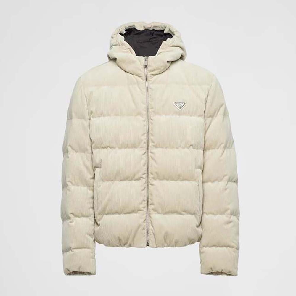 Front view of Prada Men Cropped Corduroy Down Jacket-White showing zip closure