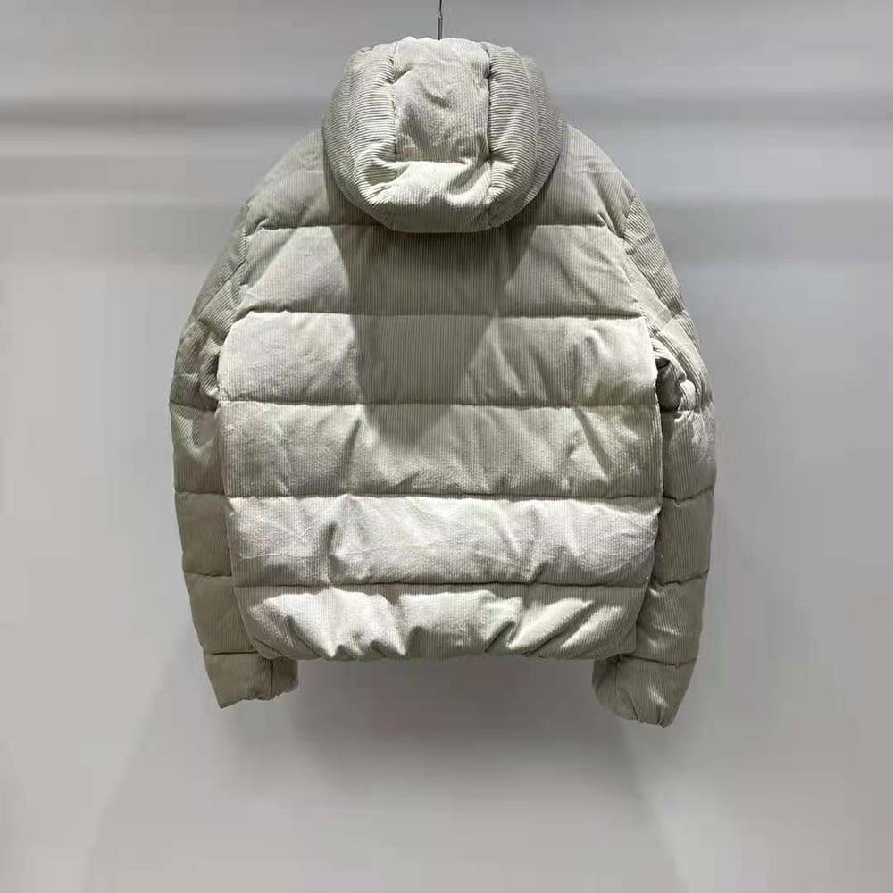 Side angle highlighting cropped silhouette of Prada Men Corduroy Down Jacket