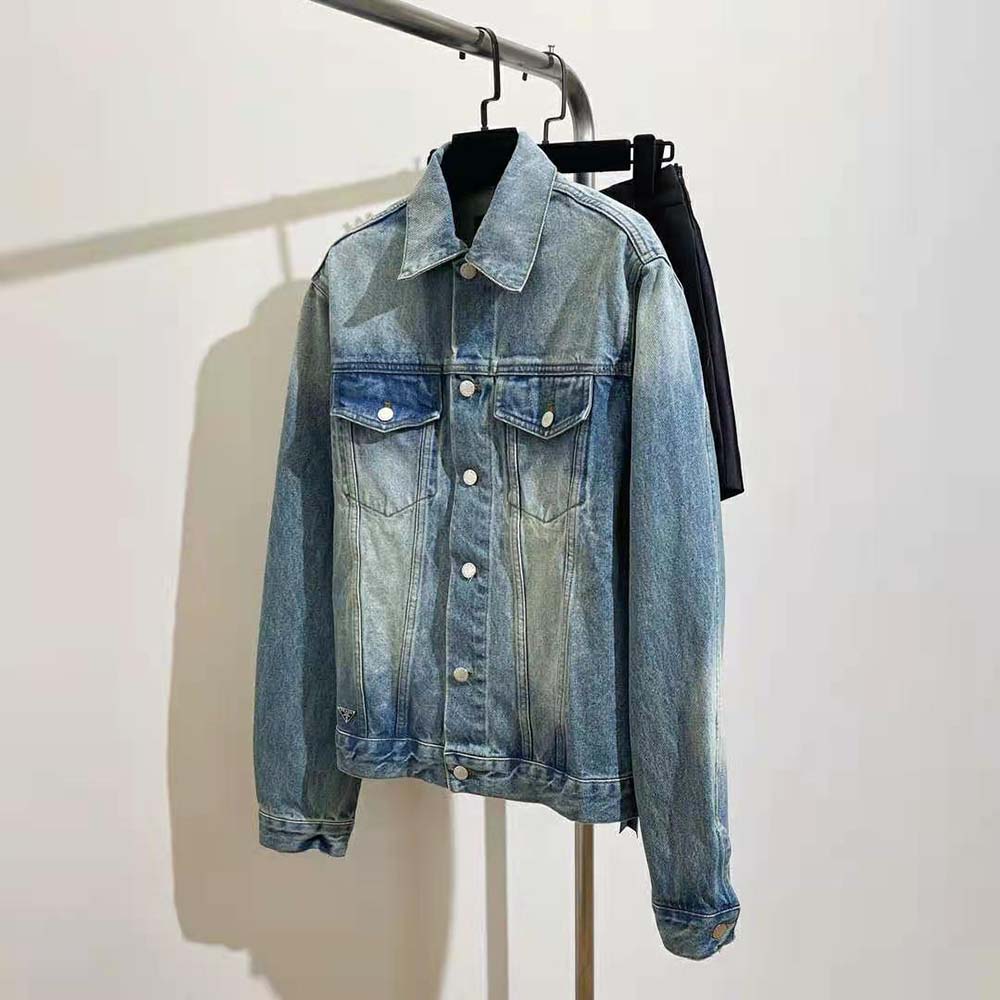 Close-up of metal zipper and stitching on Prada Men Denim Blouson Jacket