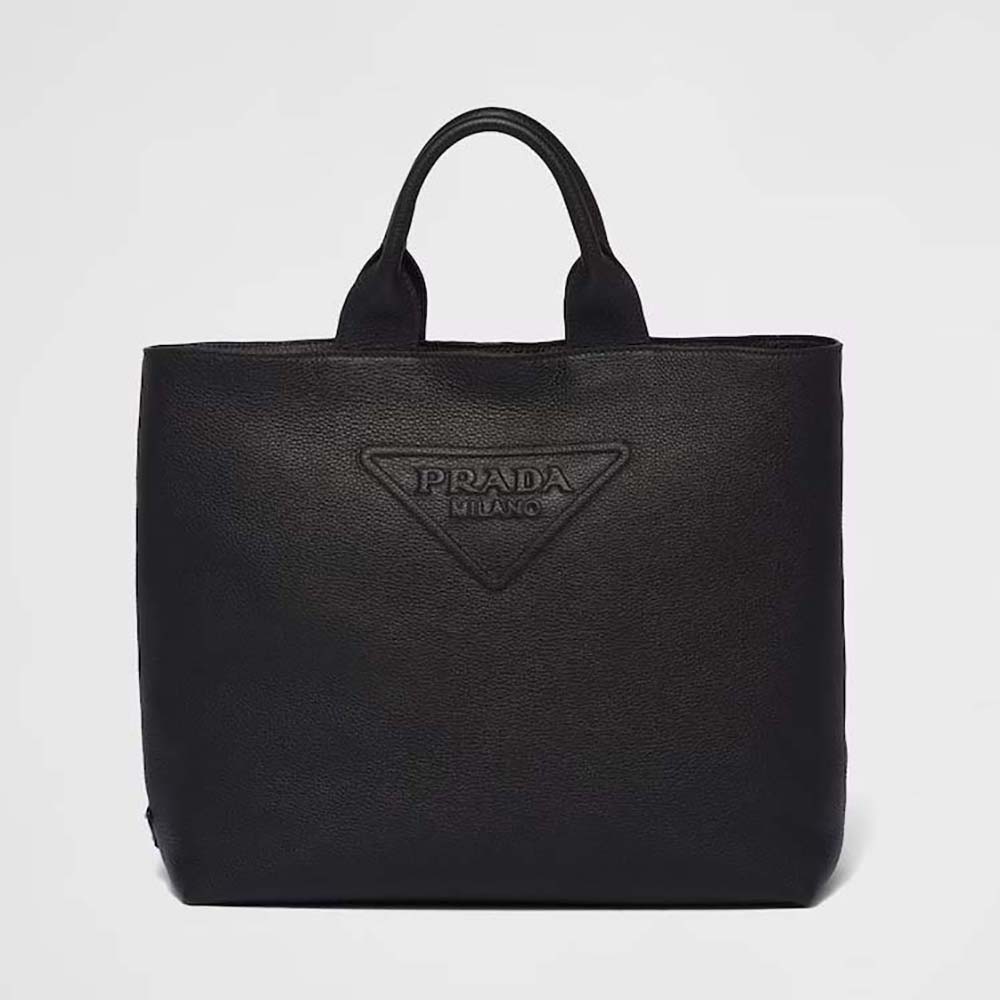 Front view of Prada Men Leather Tote with Enameled Metal Triangle Logo-Black