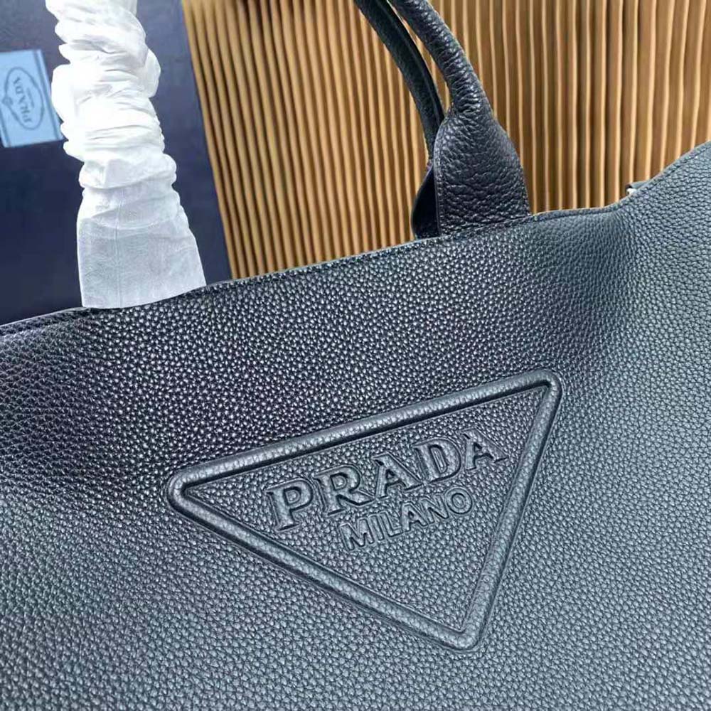 Prada Men Leather Tote with Enameled Metal Triangle Logo-Black - image 10