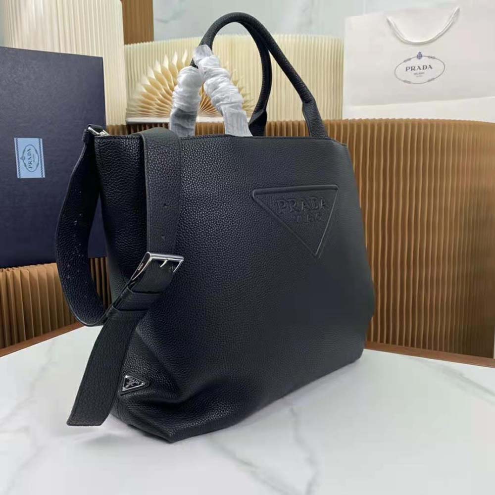 Prada Men Leather Tote with Enameled Metal Triangle Logo-Black - image 5