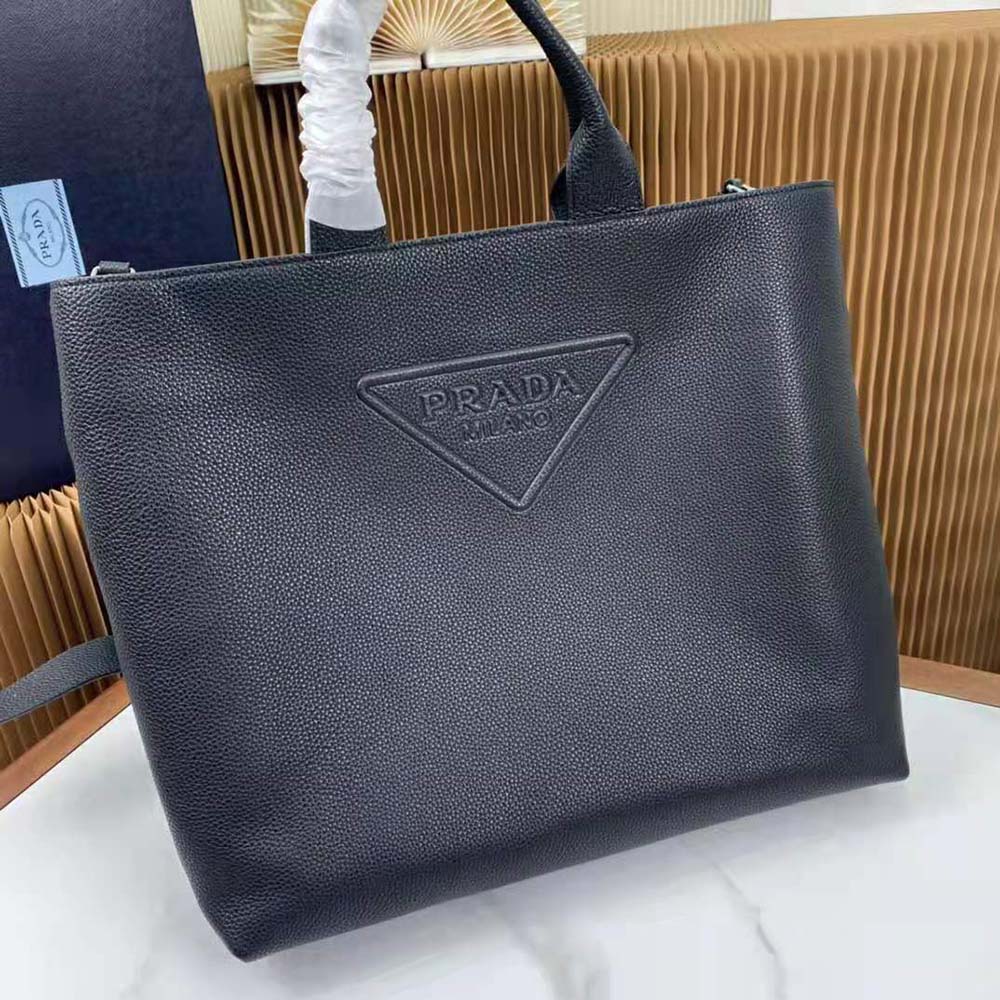 Prada Men Leather Tote with Enameled Metal Triangle Logo-Black - image 4