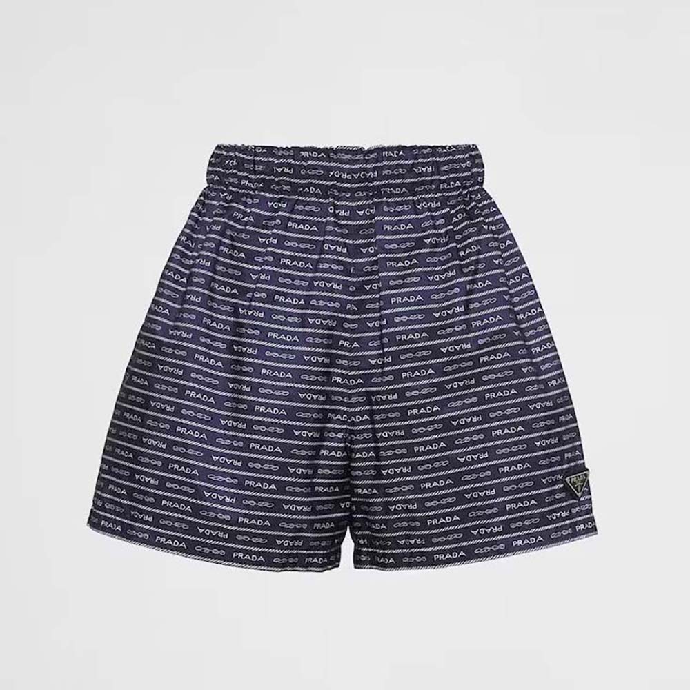 Front view of Prada Women Nylon Shorts-Blue/White showing blue fabric
