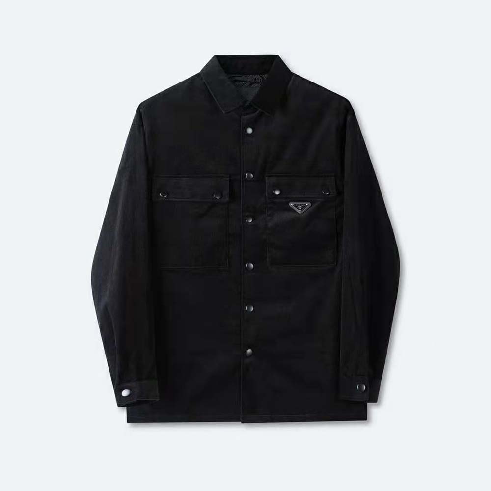 Front view of Prada Men Pinwale Corduroy Shirt-Black showing button details