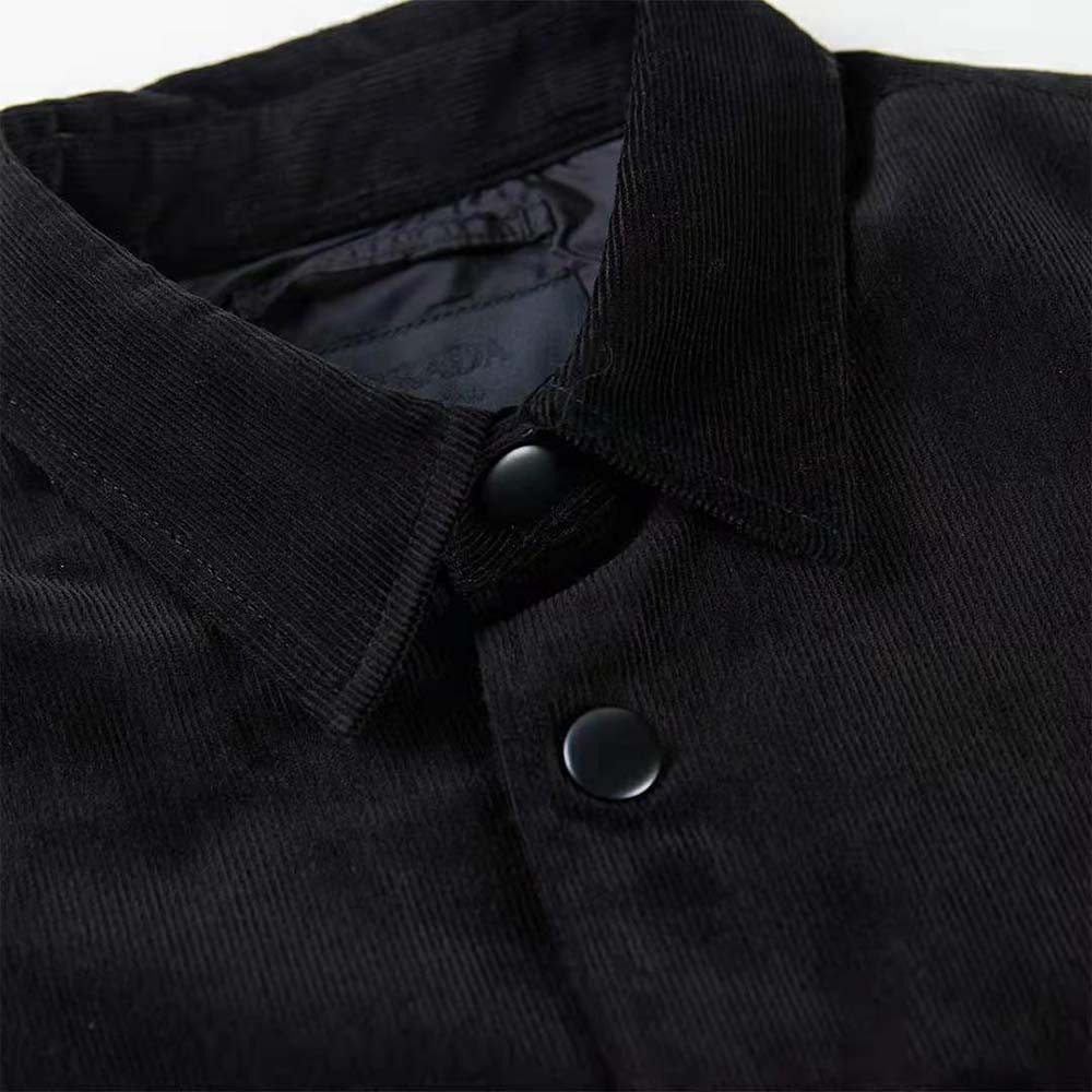 Side profile of Prada Men Pinwale Corduroy Shirt-Black highlighting tailored fit