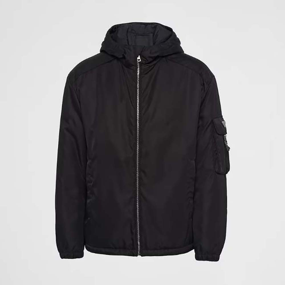 Front view of Prada Men Re-Nylon Blouson Jacket-Black with zipped closure