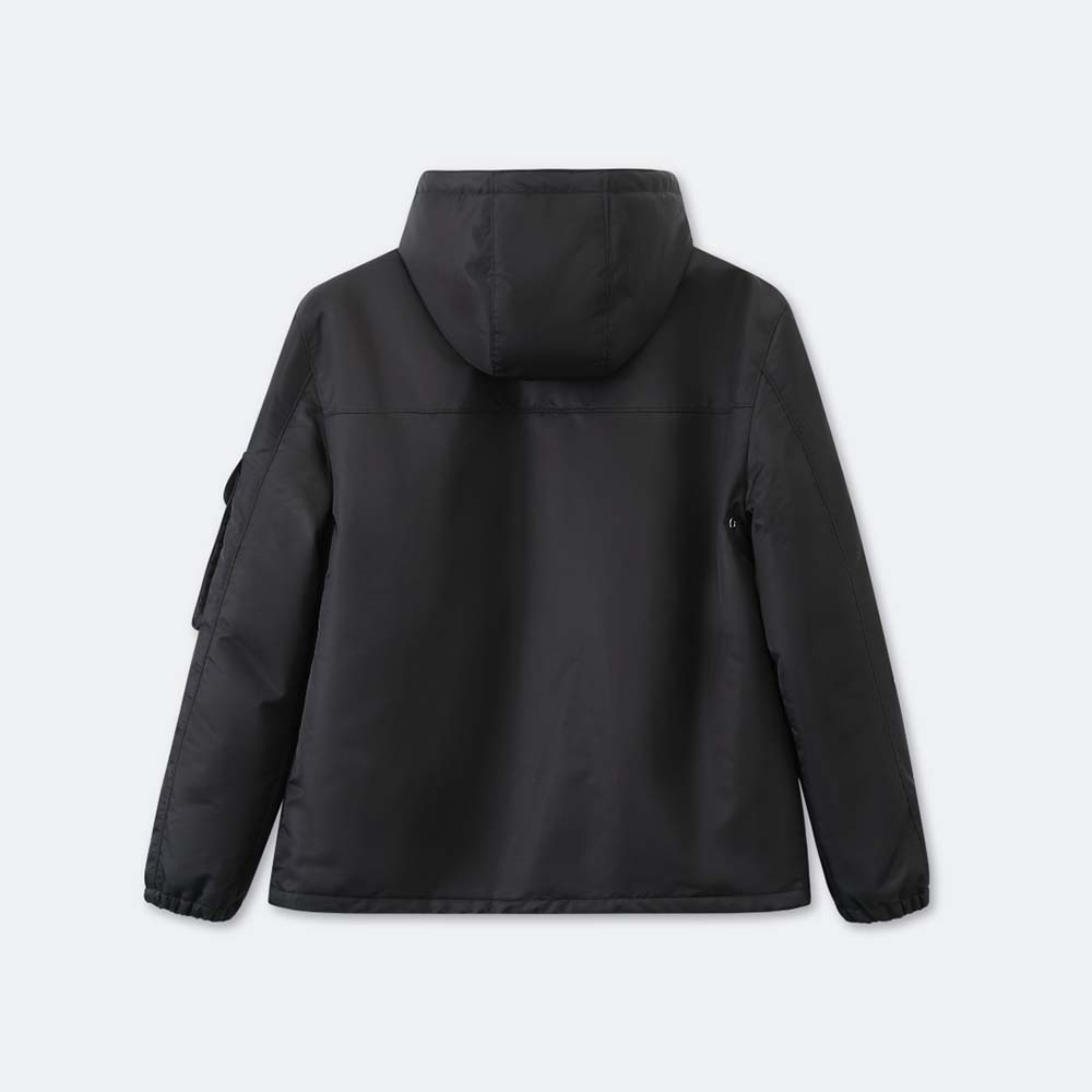 Side profile showing relaxed fit of Prada Men Re-Nylon Blouson Jacket-Black