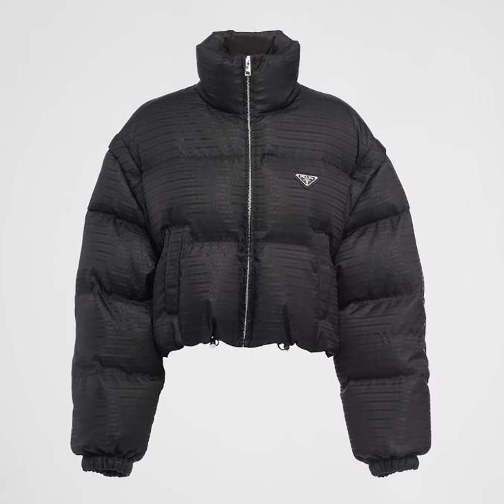 Front view of Prada Women Re-Nylon Cropped Hooded Down Jacket-Black zipped