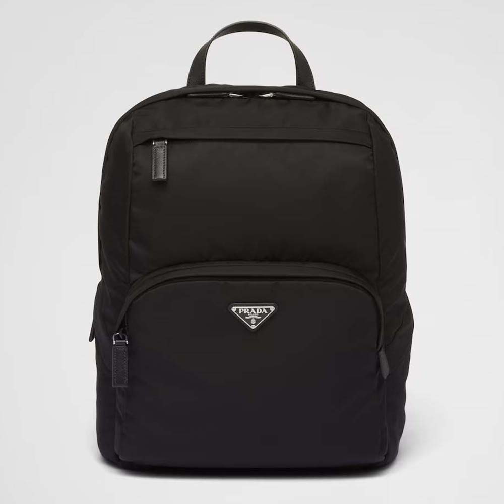 Front view of Prada Men Re-Nylon and Saffiano Leather Backpack-Black