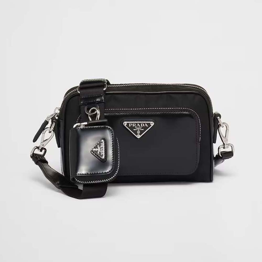 Front view of Prada Men Re-Nylon and Brushed Leather Shoulder Bag-Black