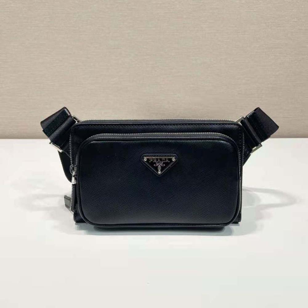 Side angle of Prada Men Saffiano Leather Belt Bag-Black adjustable strap