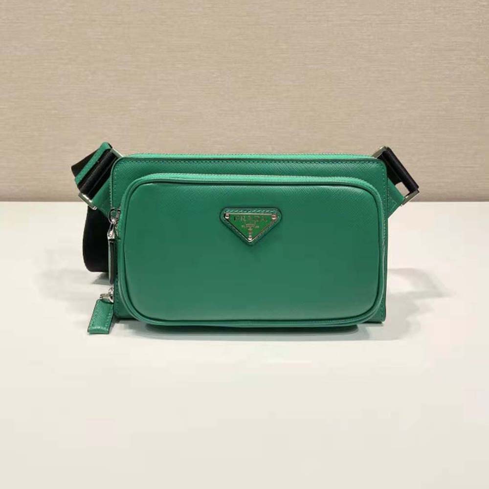 Side angle of Prada Men Saffiano Leather Belt Bag-Green with adjustable strap