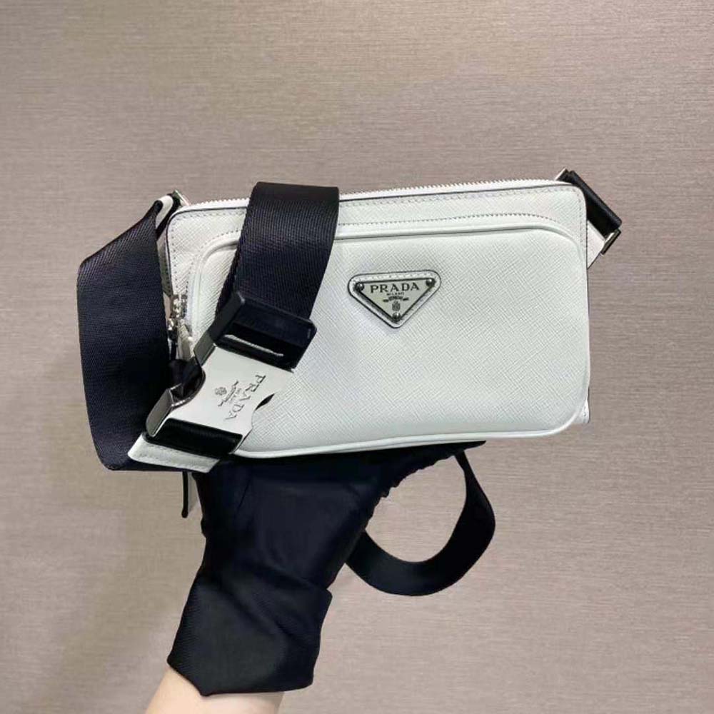 Close-up of white Saffiano leather texture on Prada Men Belt Bag