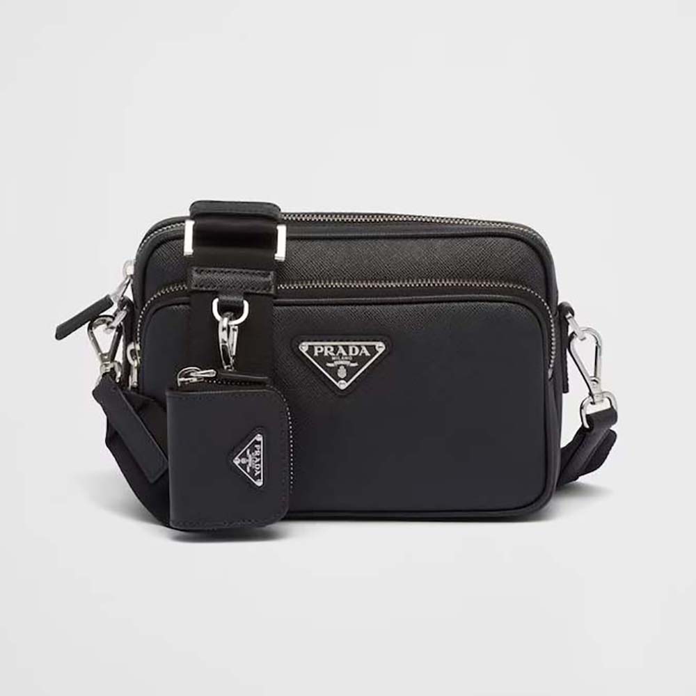 Front view of Prada Men Saffiano Leather Shoulder Bag-Black showing flap closure