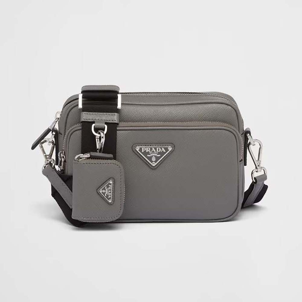 Front view of Prada Men Saffiano Leather Shoulder Bag-Gray with zip closed